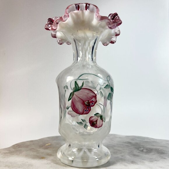 Vtg Fenton Vase French Opalescent Trellis Rose Crest Floral Ruffled Hand-painted - Picture 1 of 5